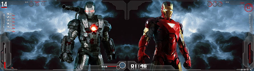 Iron Man and War Machine facing off in a dark stormy sky with futuristic HUD interface overlay HD wallpaper