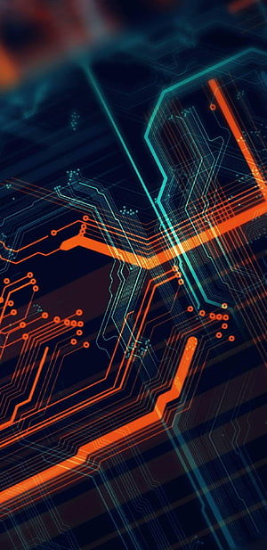 Abstract Neon Circuit Board Pattern with Glowing Orange and Cyan Traces on Dark Background HD phone wallpaper