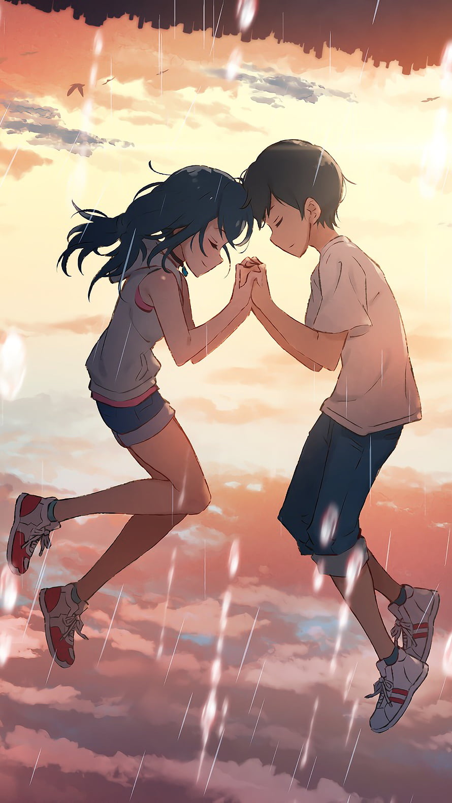 Hina Amano and Hodaka Morishima Floating in Rainy Sunset Sky HD phone wallpaper