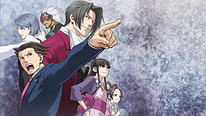 Phoenix Wright Ace Attorney Cast Group Portrait with Pointing Gesture HD wallpaper
