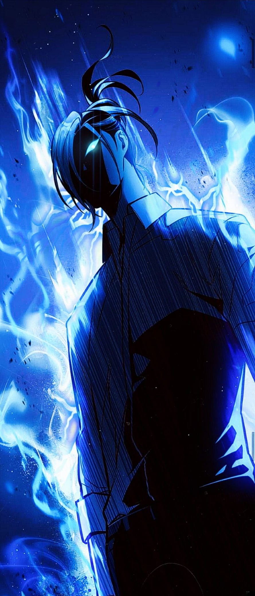 Eleceed Anime Character Silhouette Surrounded by Blue Electric Energy and Lightning Effects HD phone wallpaper