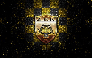 AEK Athens FC Golden Mosaic Crest on Black and Yellow Checkered Background HD wallpaper