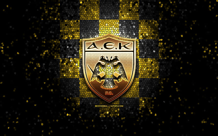 AEK Athens FC Golden Mosaic Crest on Black and Yellow Checkered Background HD wallpaper