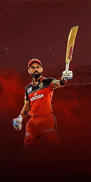 Virat Kohli Raising Cricket Bat in Royal Challengers Bengaluru Jersey HD phone wallpaper