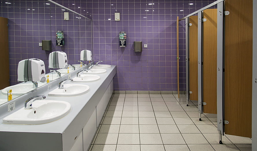 Modern Public Restroom Interior With Purple Tiled Walls And White Sinks HD wallpaper