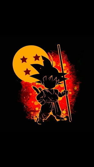 Young Goku Silhouette with Dragon Ball and Power Staff Against Fiery Red Background HD phone wallpaper