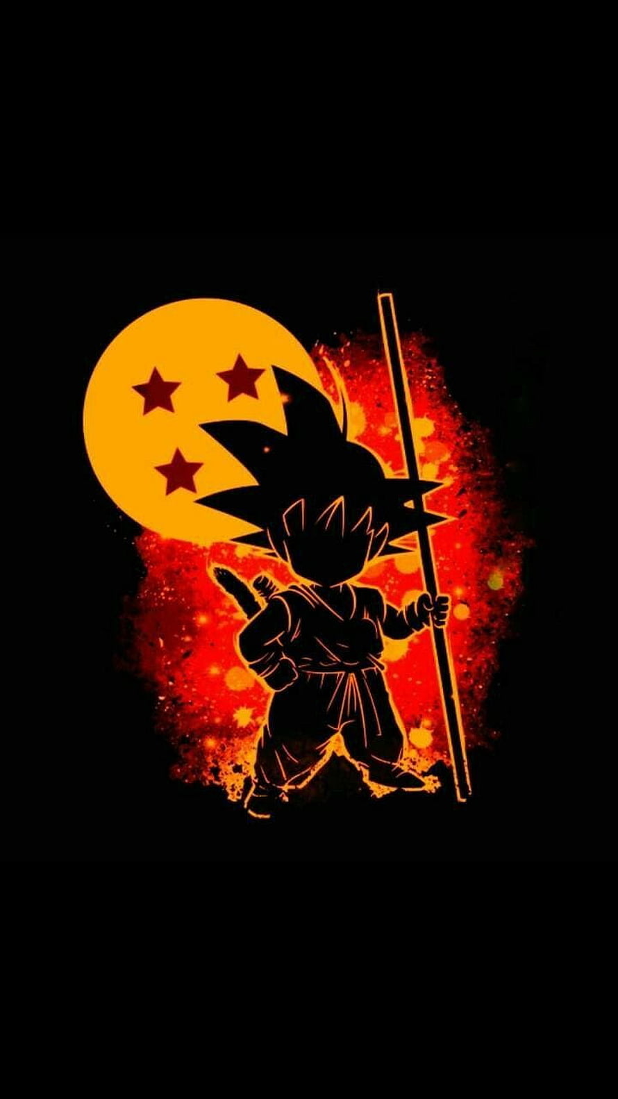 Young Goku Silhouette with Dragon Ball and Power Staff Against Fiery Red Background HD phone wallpaper