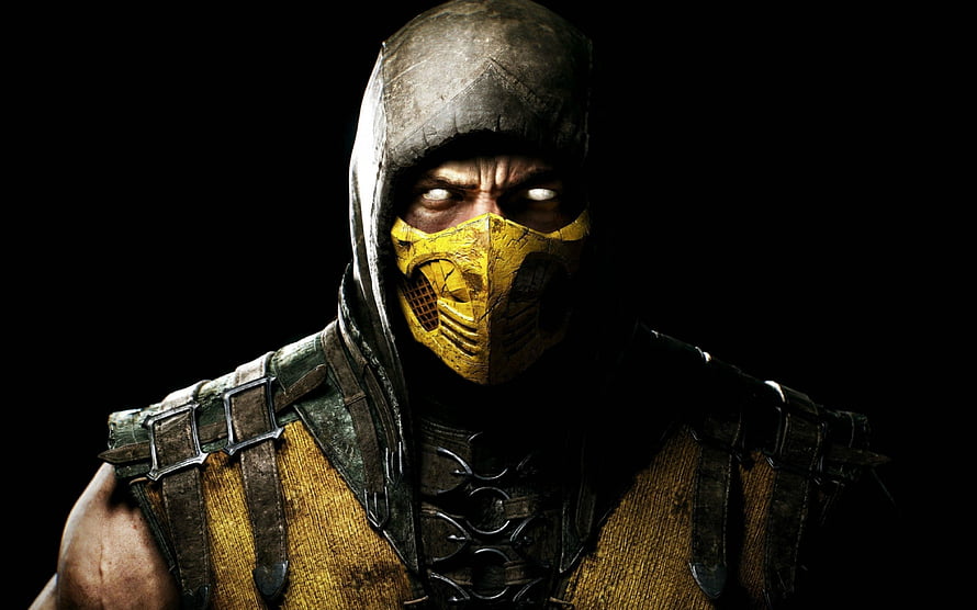 Mortal Kombat X Scorpion Character Portrait with Glowing Eyes and Golden Mask HD wallpaper