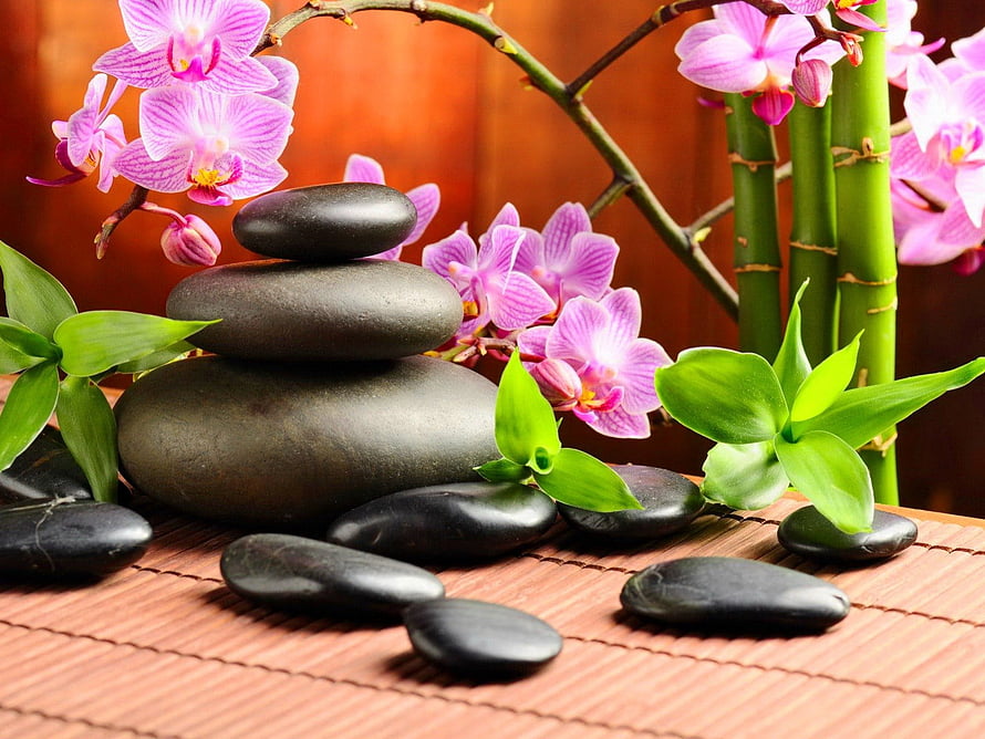 Zen Spa Still Life With Stacked Black Stones, Pink Orchids, And Bamboo Stalks HD wallpaper