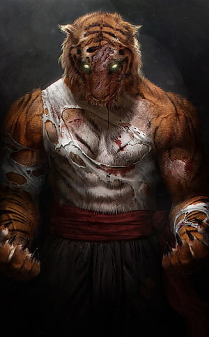 Humanoid Tiger Warrior Fantasy Art with Glowing Eyes and Tattered Clothing HD phone wallpaper