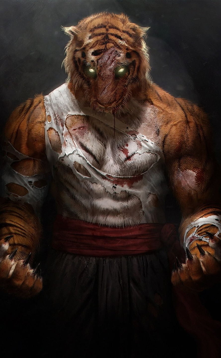 Humanoid Tiger Warrior Fantasy Art with Glowing Eyes and Tattered Clothing HD phone wallpaper