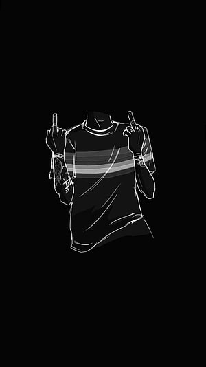 Minimalist Black and White Line Art of a Faceless Figure with Tattoos and Middle Finger Gesture HD phone wallpaper