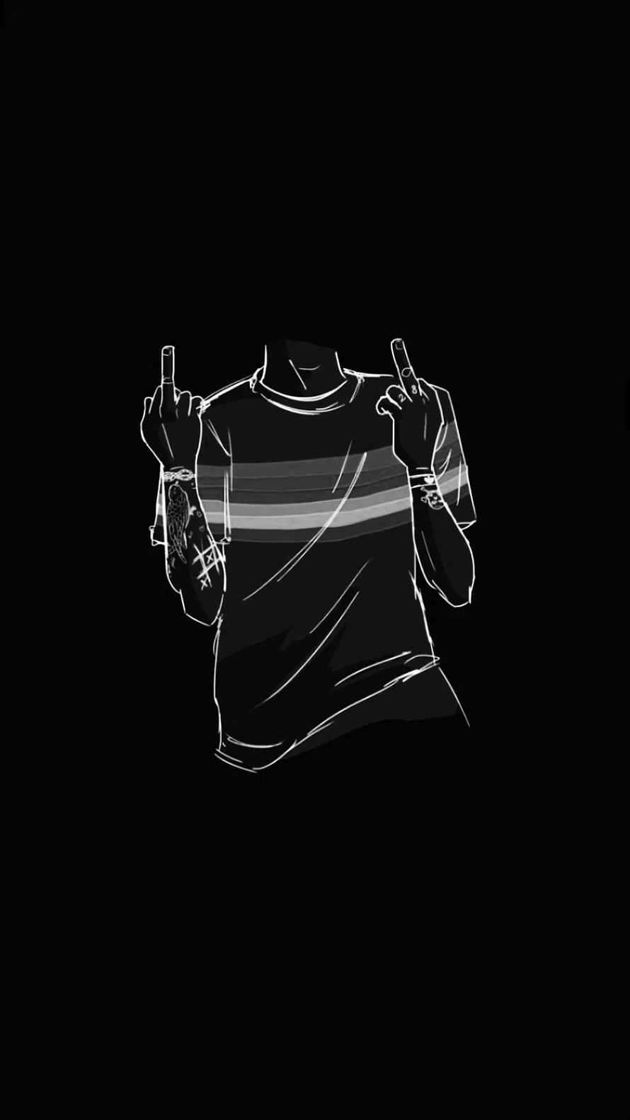 Minimalist Black and White Line Art of a Faceless Figure with Tattoos and Middle Finger Gesture HD phone wallpaper