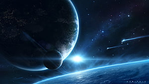Cinematic Space Scene Featuring Planets, Moons, and Star Trails in Deep Blue Cosmos HD wallpaper