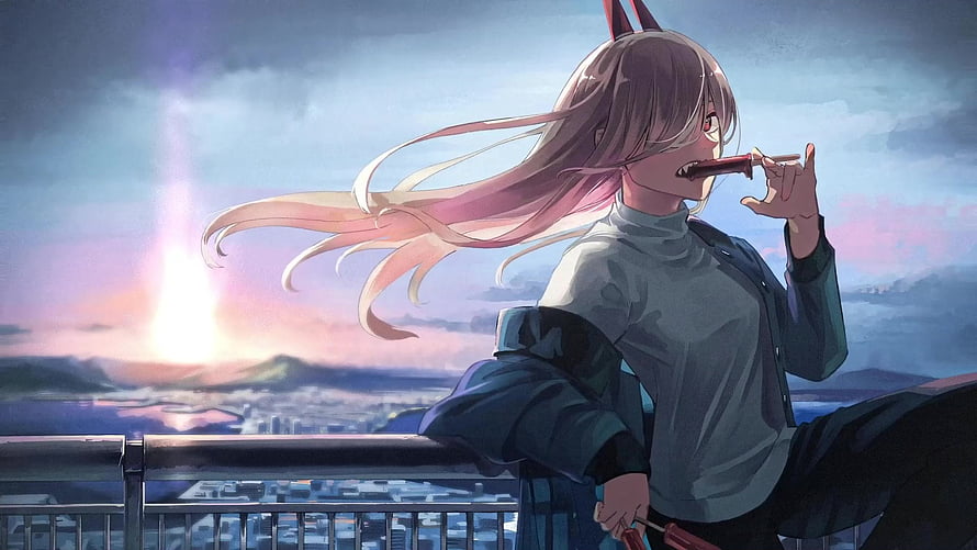Power from Chainsaw Man Leaning on Balcony at Sunset HD wallpaper