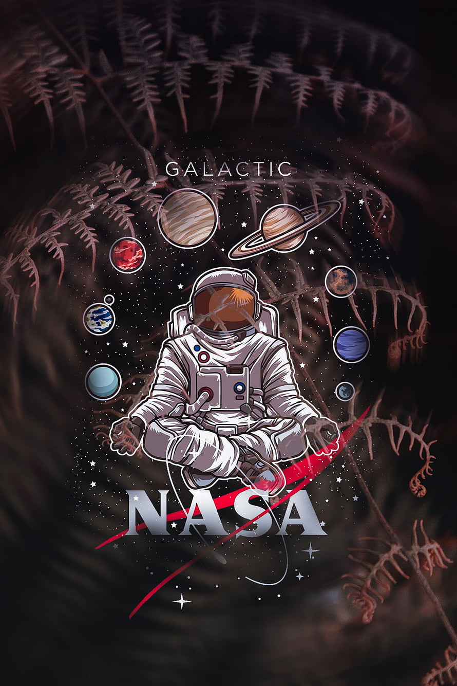 Astronaut Meditating Among Planets in a Cosmic Fern Tunnel with NASA Logo HD phone wallpaper