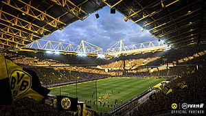 Signal Iduna Park Stadium Interior With BVB Fans And FIFA 19 Partnership HD wallpaper