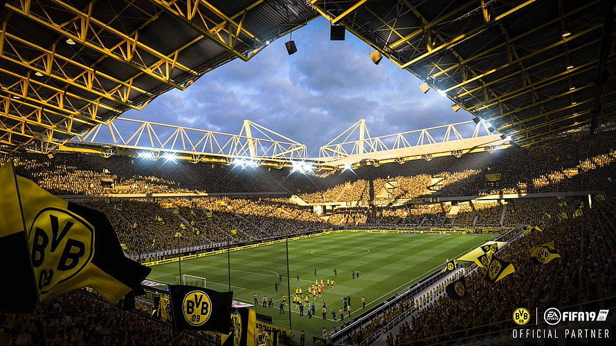 Signal Iduna Park Stadium Interior With BVB Fans And FIFA 19 Partnership HD wallpaper