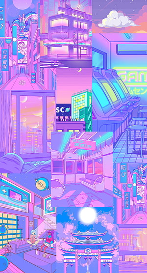 Retro Anime Aesthetic Collage Featuring Neon Cityscapes, Arcade Rooms, and Pastel Interiors HD phone wallpaper