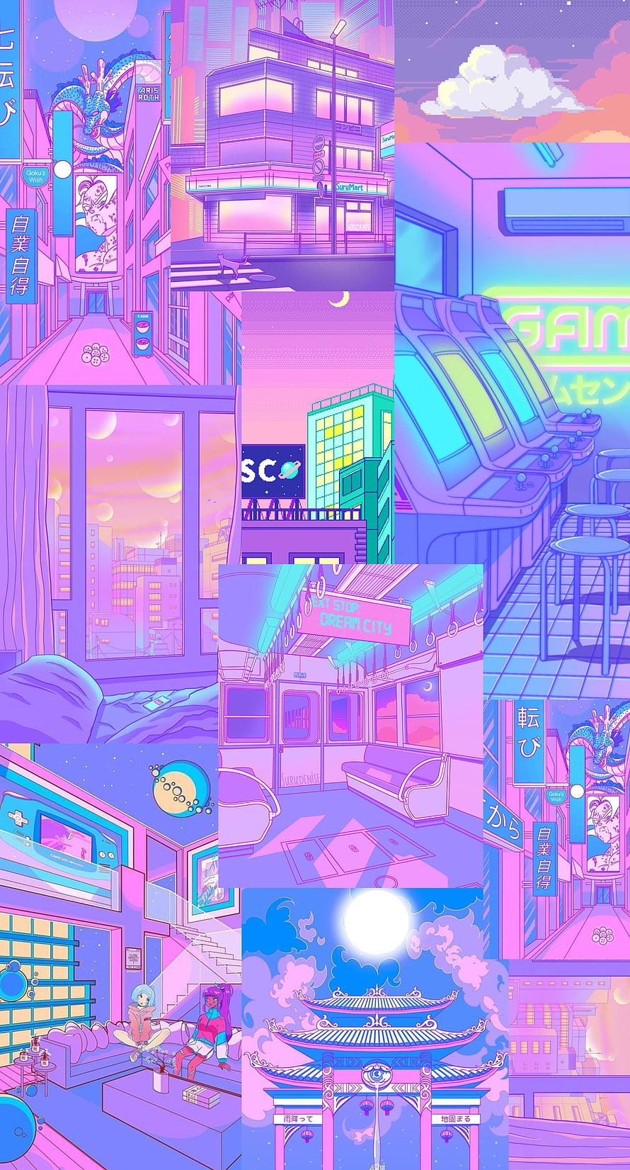 Retro Anime Aesthetic Collage Featuring Neon Cityscapes, Arcade Rooms, and Pastel Interiors HD phone wallpaper