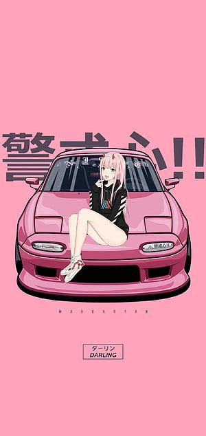 Anime Girl Sitting on Pink JDM Car Hood with Japanese Text and Pink Background HD phone wallpaper