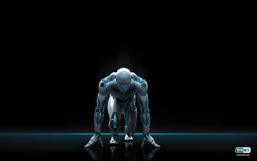 Crouching humanoid robot with glowing blue accents on a dark reflective surface HD wallpaper