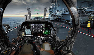 Fighter Jet Cockpit View on Aircraft Carrier Flight Deck at Sunset HD wallpaper