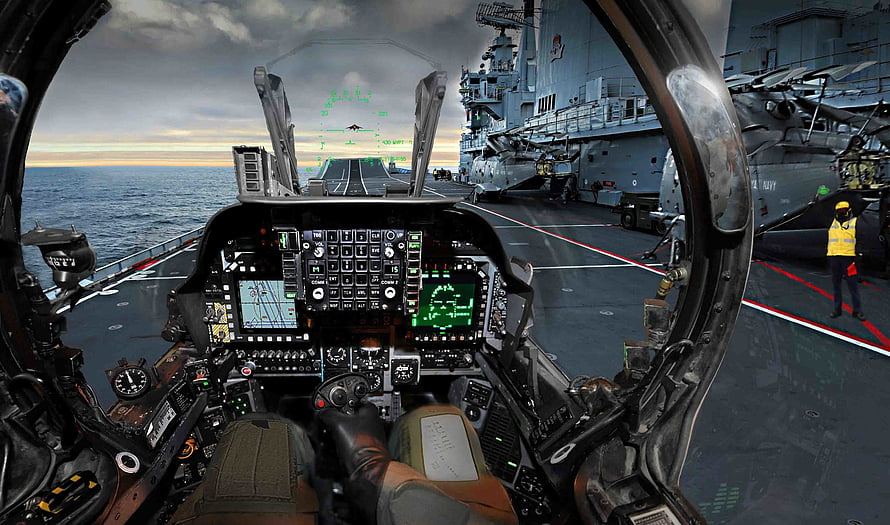 Fighter Jet Cockpit View on Aircraft Carrier Flight Deck at Sunset HD wallpaper