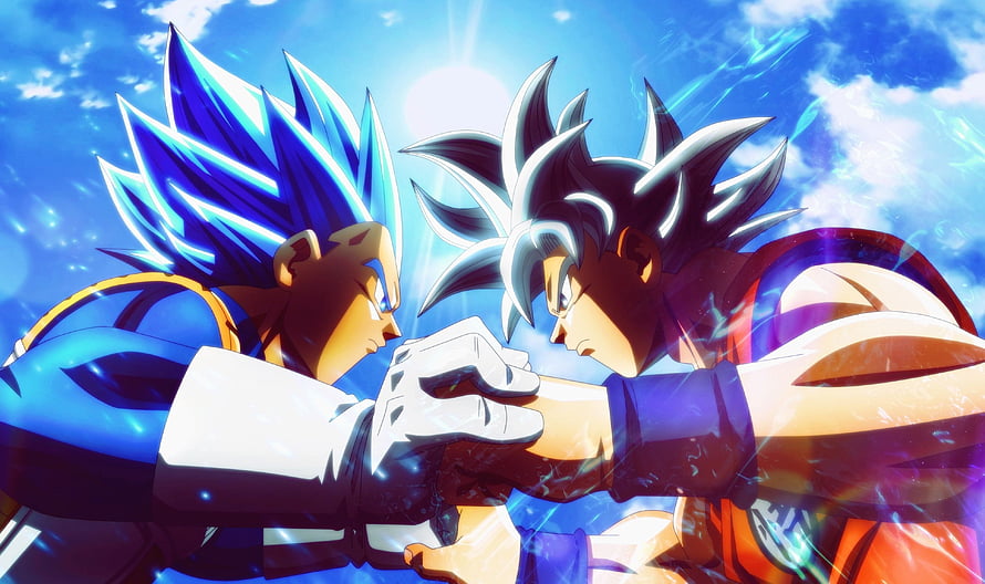 Dragon Ball Super Goku and Vegeta Fist Bump in Super Saiyan Blue Form HD wallpaper