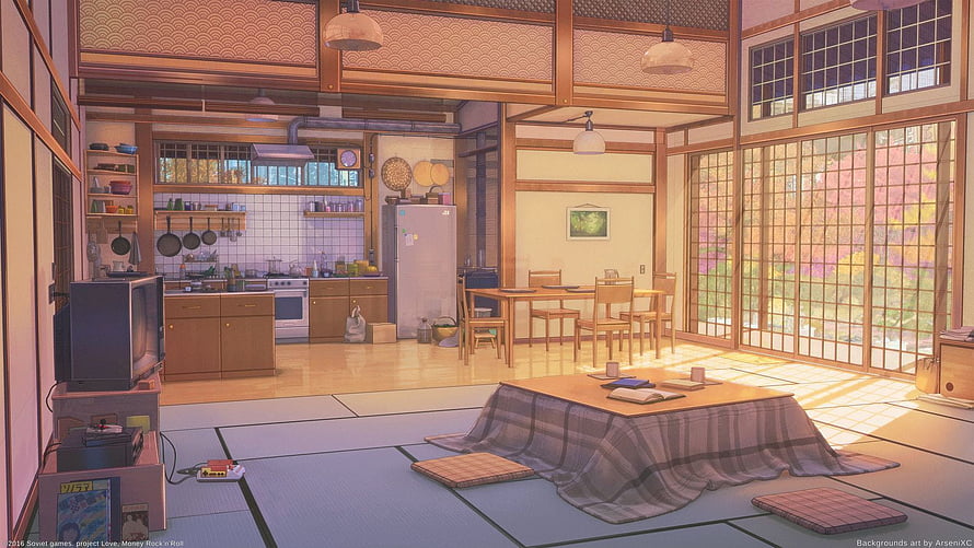 Cozy Japanese Tatami Room with Kitchen and Dining Area in Warm Anime Style HD wallpaper