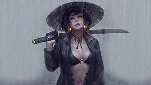 Female Samurai Warrior With Katana And Cigarette In Rainy Mist HD wallpaper