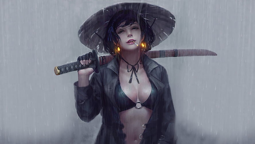 Female Samurai Warrior With Katana And Cigarette In Rainy Mist HD wallpaper