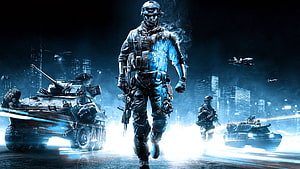 Modern Soldier Leading Urban Combat with Tanks and Jets in Blue Toned Digital Art HD wallpaper