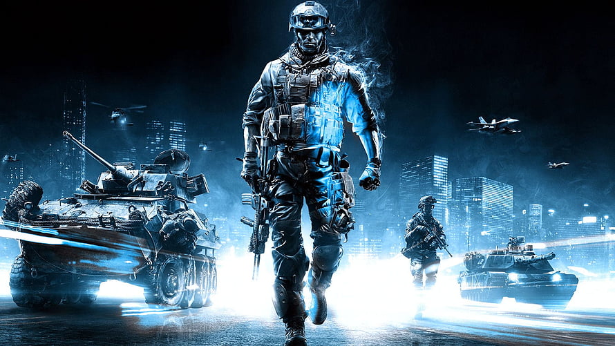 Modern Soldier Leading Urban Combat with Tanks and Jets in Blue Toned Digital Art HD wallpaper
