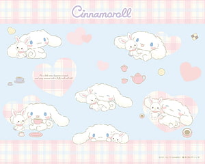 Cute Cinnamoroll and Mofumofu Tea Time Illustration with Pastel Hearts and Plaid Pattern HD wallpaper