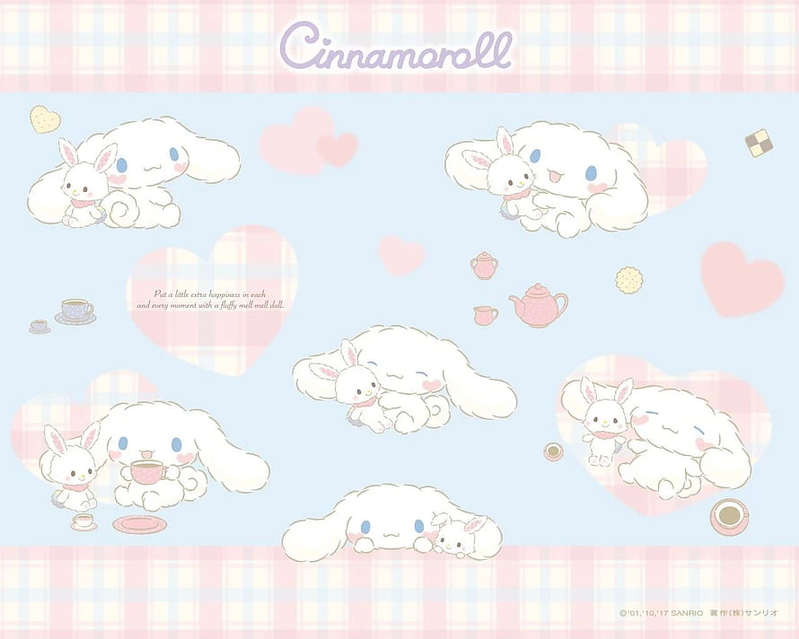 Cute Cinnamoroll and Mofumofu Tea Time Illustration with Pastel Hearts and Plaid Pattern HD wallpaper