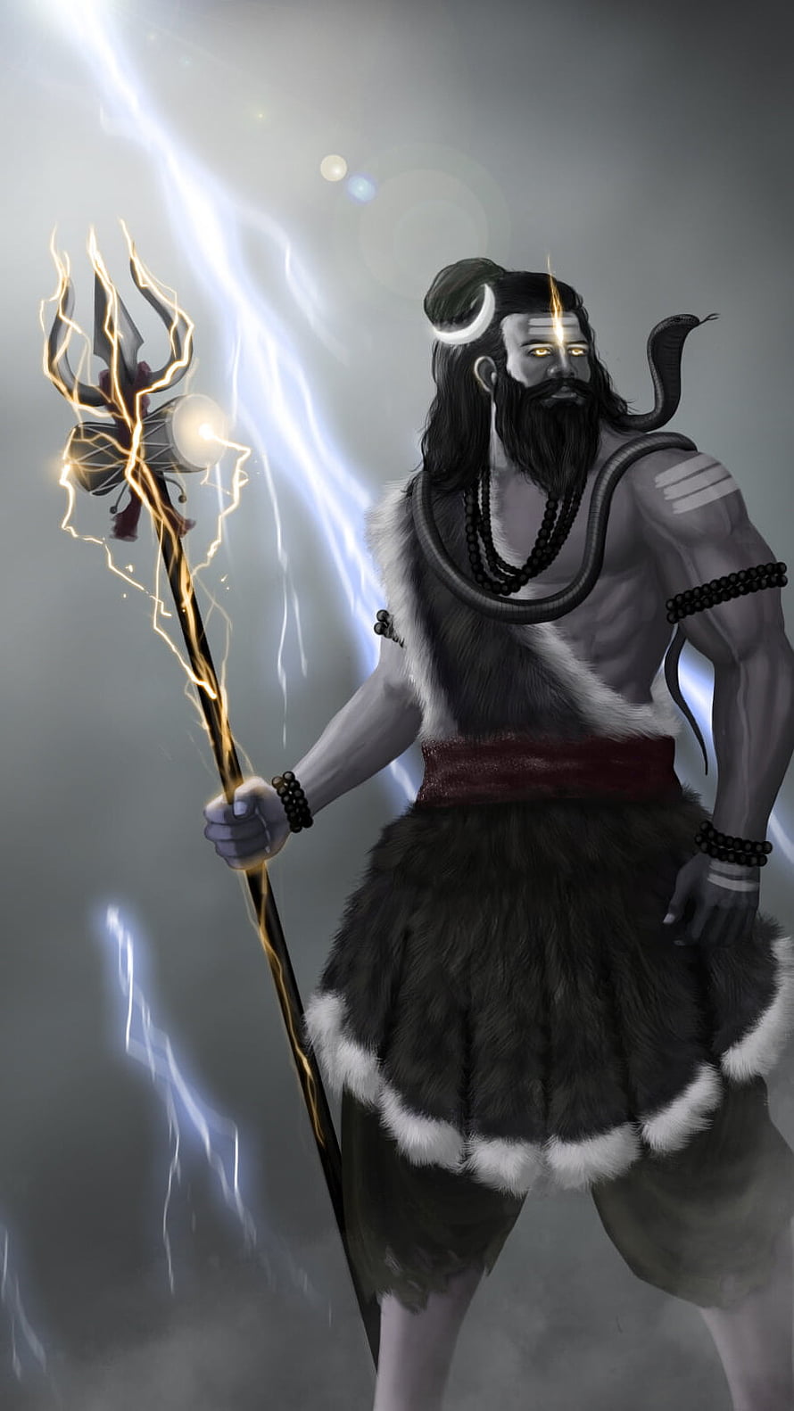 Lord Shiva Digital Art with Trishul and Lightning Storm HD phone wallpaper