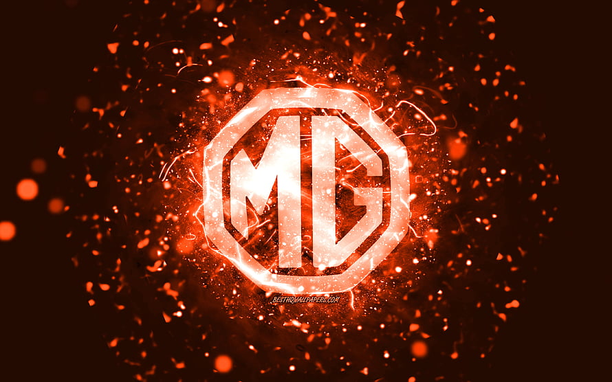 Glowing MG Octagonal Logo with Fiery Orange Sparks and Neon Energy Burst HD wallpaper