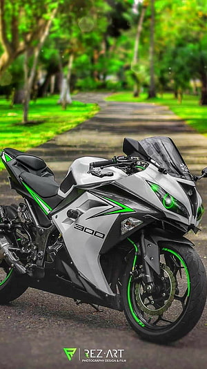 Kawasaki Ninja 300 Sport Motorcycle in White and Green Parked on a Scenic Park Path HD phone wallpaper