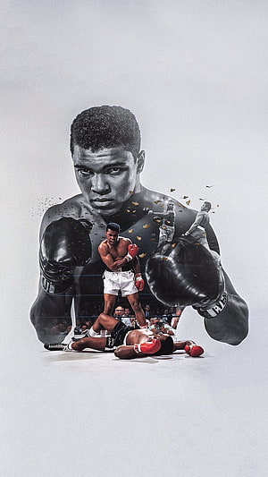 Muhammad Ali Boxing Portrait with Ring Action Collage and Black Gloves HD phone wallpaper