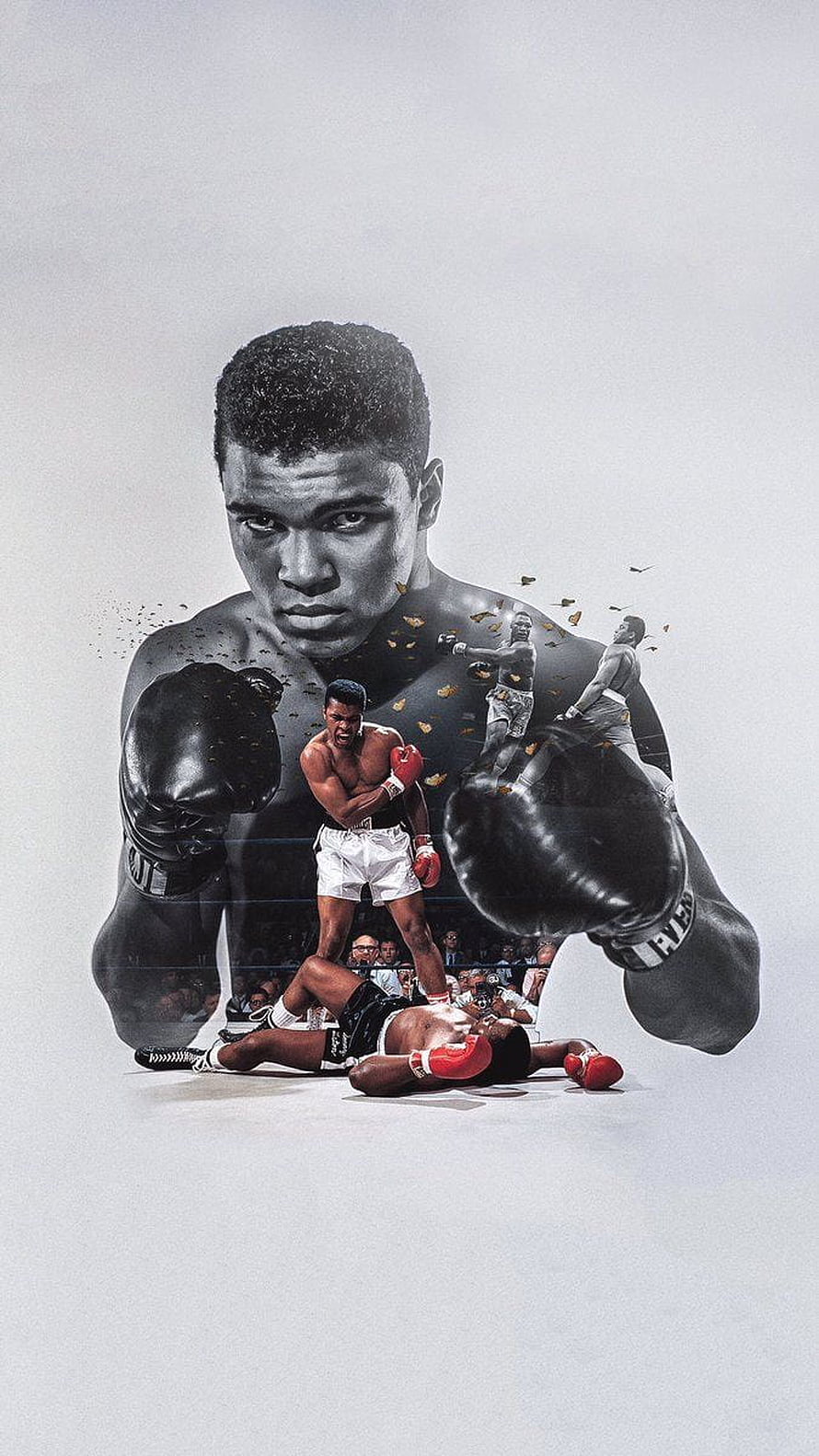 Muhammad Ali Boxing Portrait with Ring Action Collage and Dramatic Black and White Style HD phone wallpaper