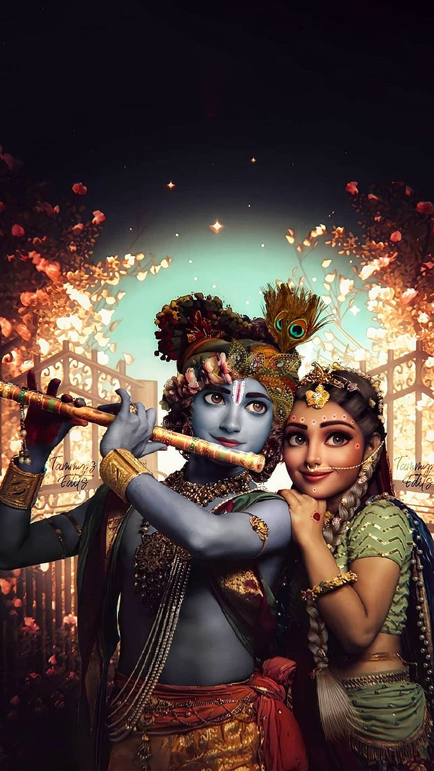 Radha Krishna Playing Flute in a Flowering Garden at Night HD phone wallpaper