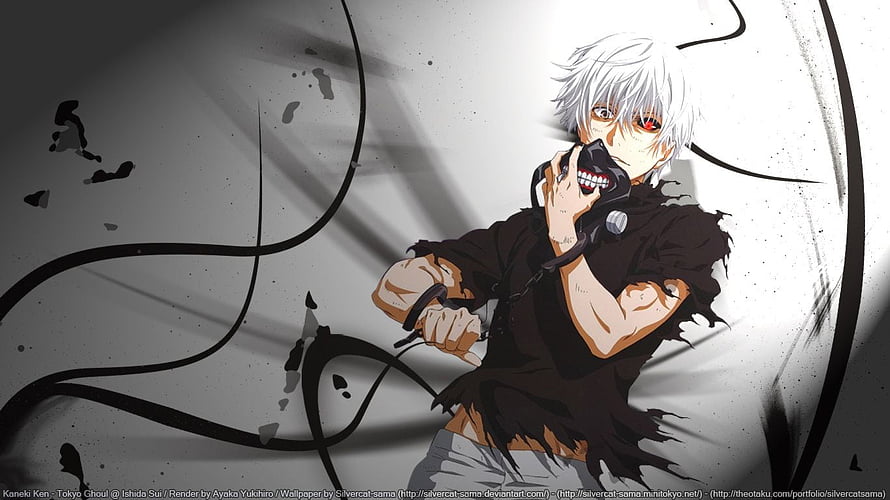 Kaneki Ken from Tokyo Ghoul in a dark monochrome anime illustration with black tendrils HD wallpaper