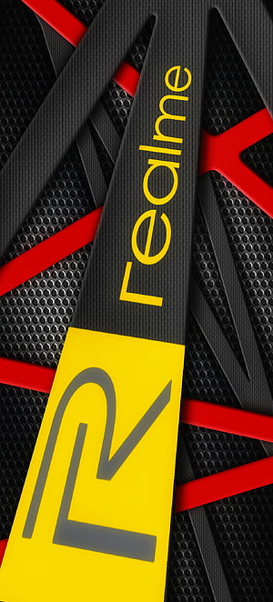 Realme R Logo on Black Carbon Fiber with Red and Yellow Geometric Accents HD phone wallpaper
