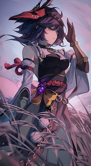 Kujou Sara from Genshin Impact in a dramatic anime illustration with flowing hair and traditional attire HD phone wallpaper