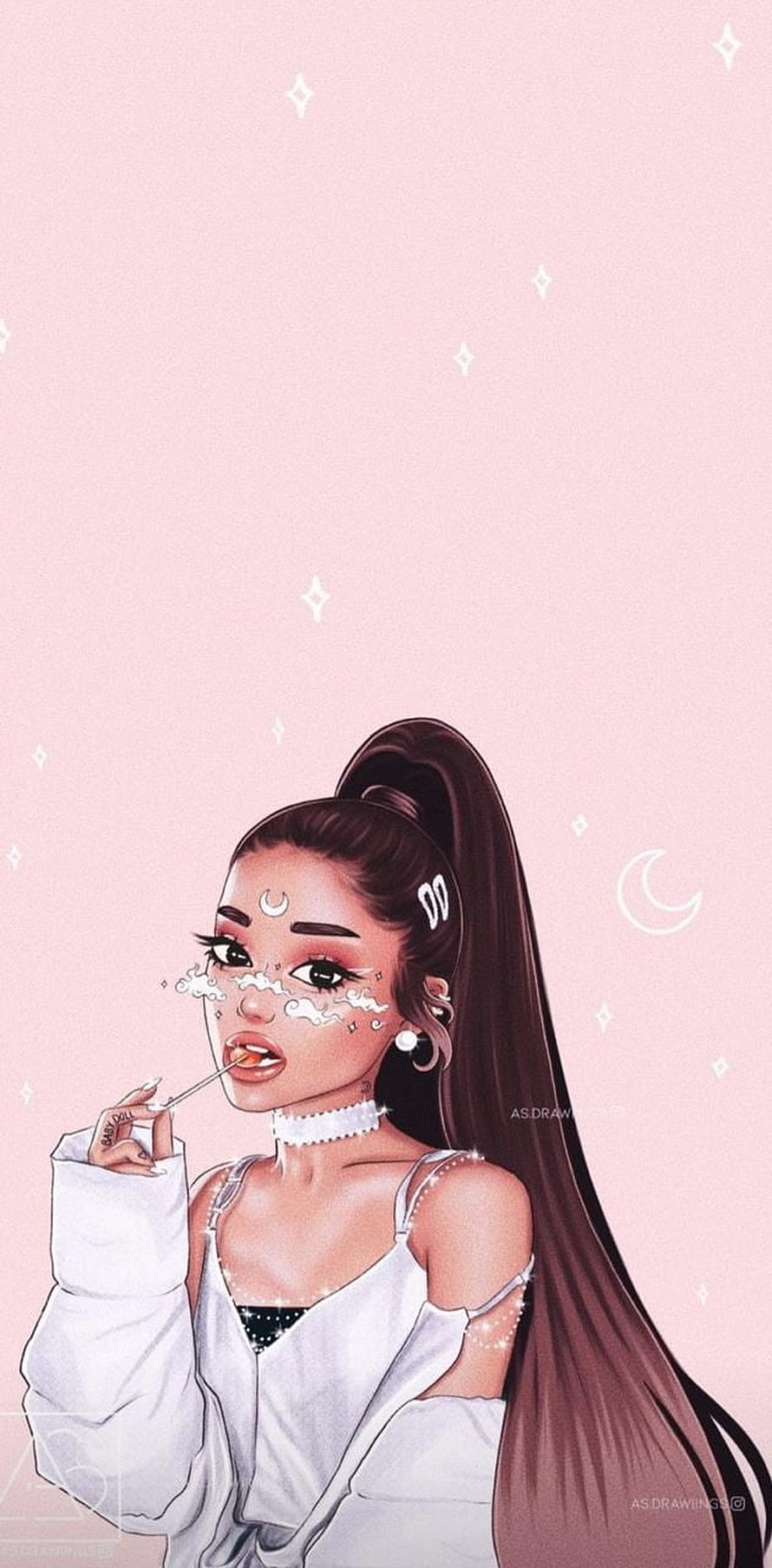 Ariana Grande Digital Illustration with High Ponytail and Celestial Face Art on Pink Background HD phone wallpaper
