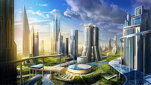 Futuristic Utopian Cityscape with Sleek Skyscrapers and Elevated Transit HD wallpaper