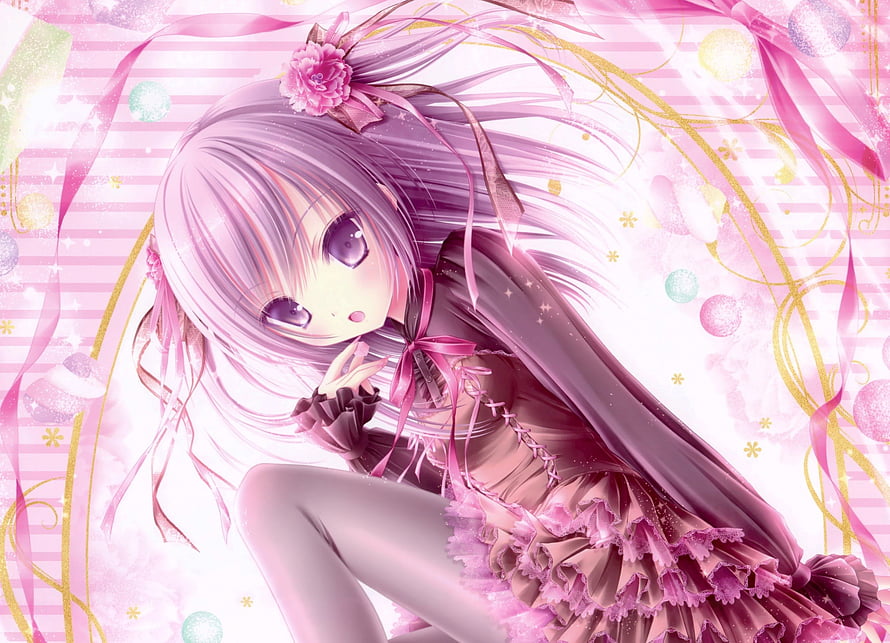 Cute Anime Girl With Long Pink Hair Wearing A Frilly Dress And Flower Accessory HD wallpaper