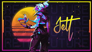 Jett from Valorant in a vibrant retro-futuristic neon illustration with synthwave sunset backdrop HD wallpaper