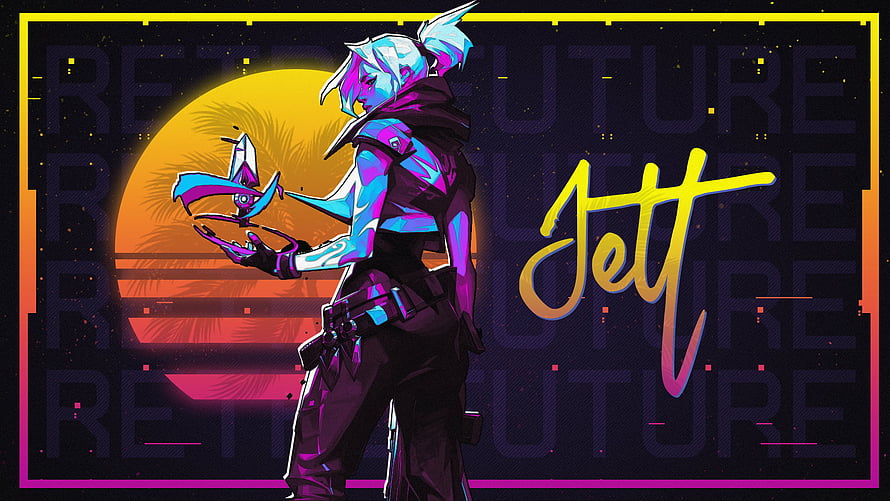 Jett from Valorant in a vibrant retro-futuristic neon illustration with synthwave sunset backdrop HD wallpaper